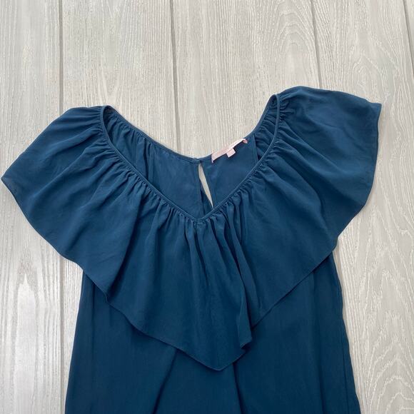 REBECCA TAYLOR WOMEN'S SILK TEAL BLUE RUFFLE TOP MINI DRESS SIZE 0 - Picture 5 of 9